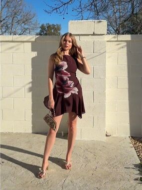 Peppermayo Burgundy Mini Dress with Pink Floral Accent